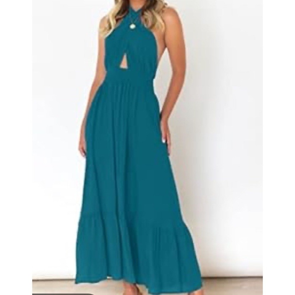 Zesica Womens Maxi Halter Dress Sundress Teal Blue Ruffle Bottom‎ Open Back L